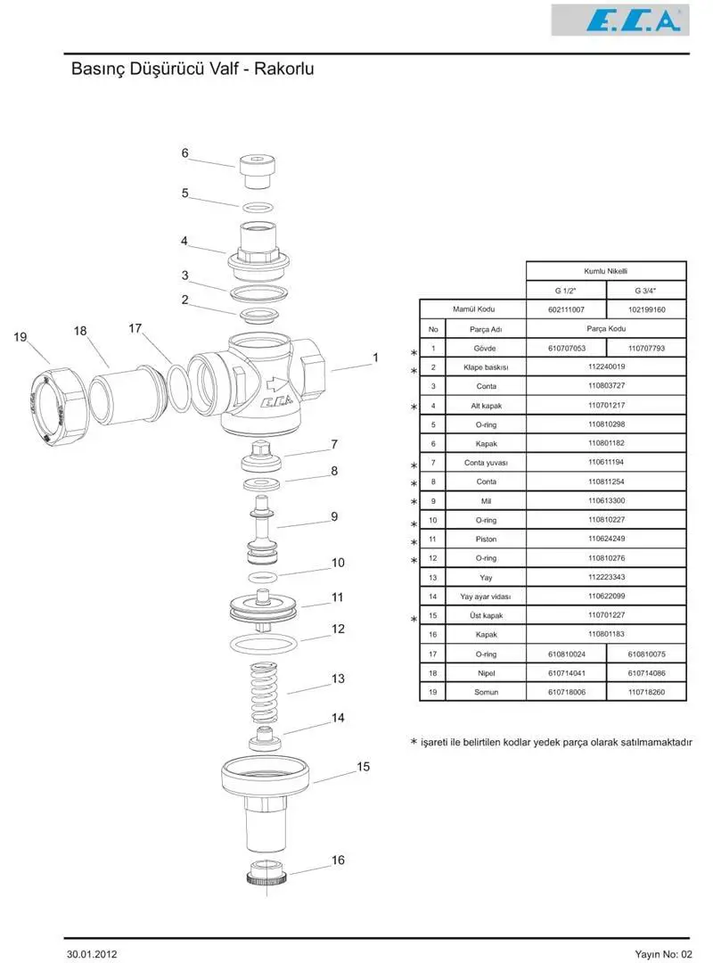 Eca 1/2" Basınç Düşürücü Valf - Volan Ayarlı (iç vida x rakorlu) 602111109 Eca 1/2" Basınç Düşürücü Valf - Volan Ayarlı (iç vida x rakorlu) 602111109