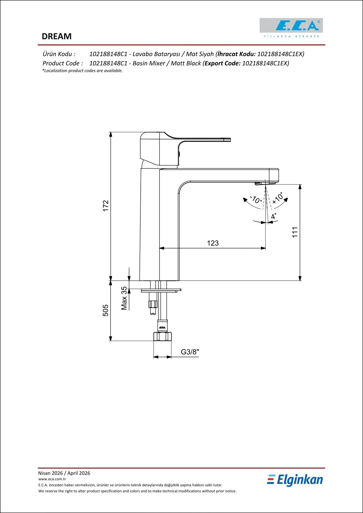 Eca Dream Lavabo Bataryası 102188148 Eca Dream Lavabo Bataryası 102188148